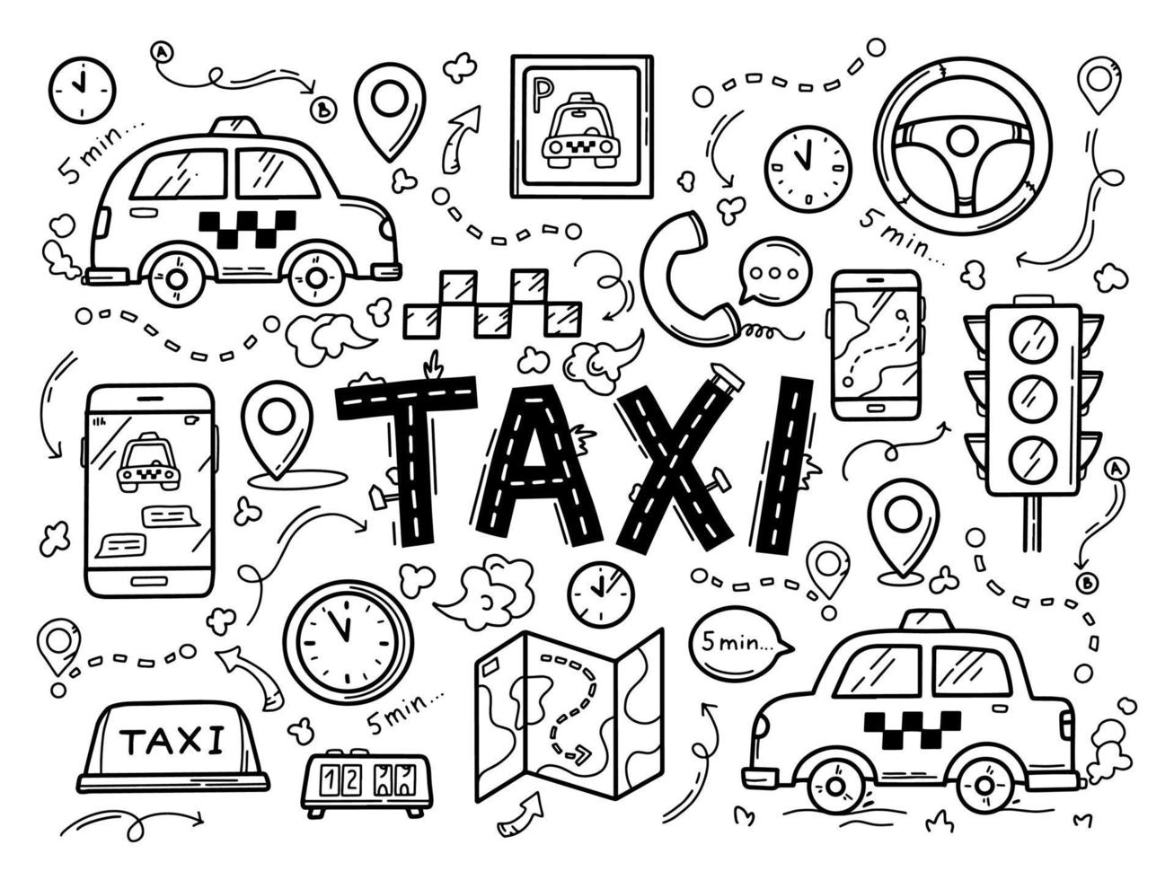 conjunto de ícones de táxi no estilo doodle desenhado à mão vetor