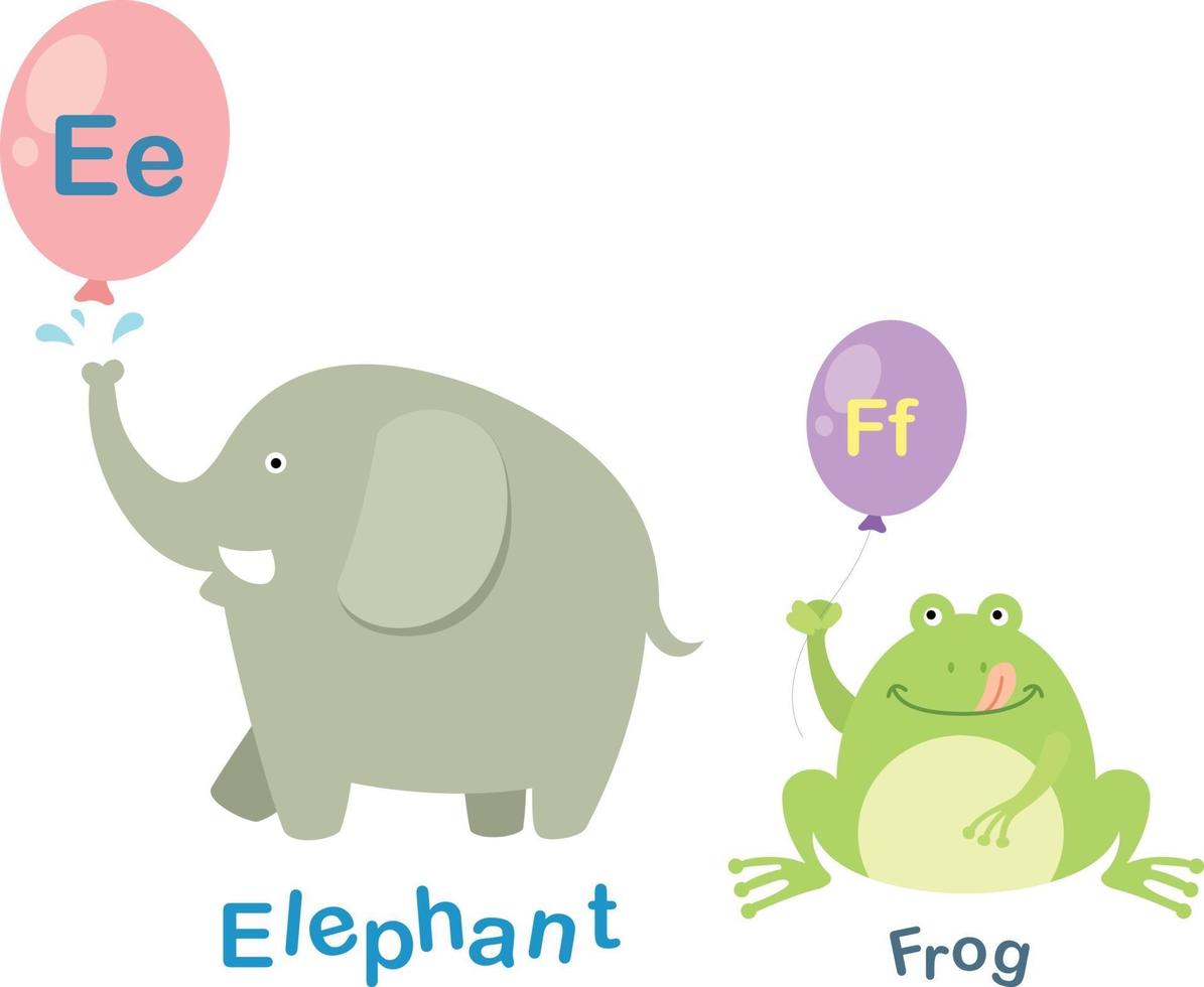 ilustração isolada letra do alfabeto e-elefante, f-sapo vetor