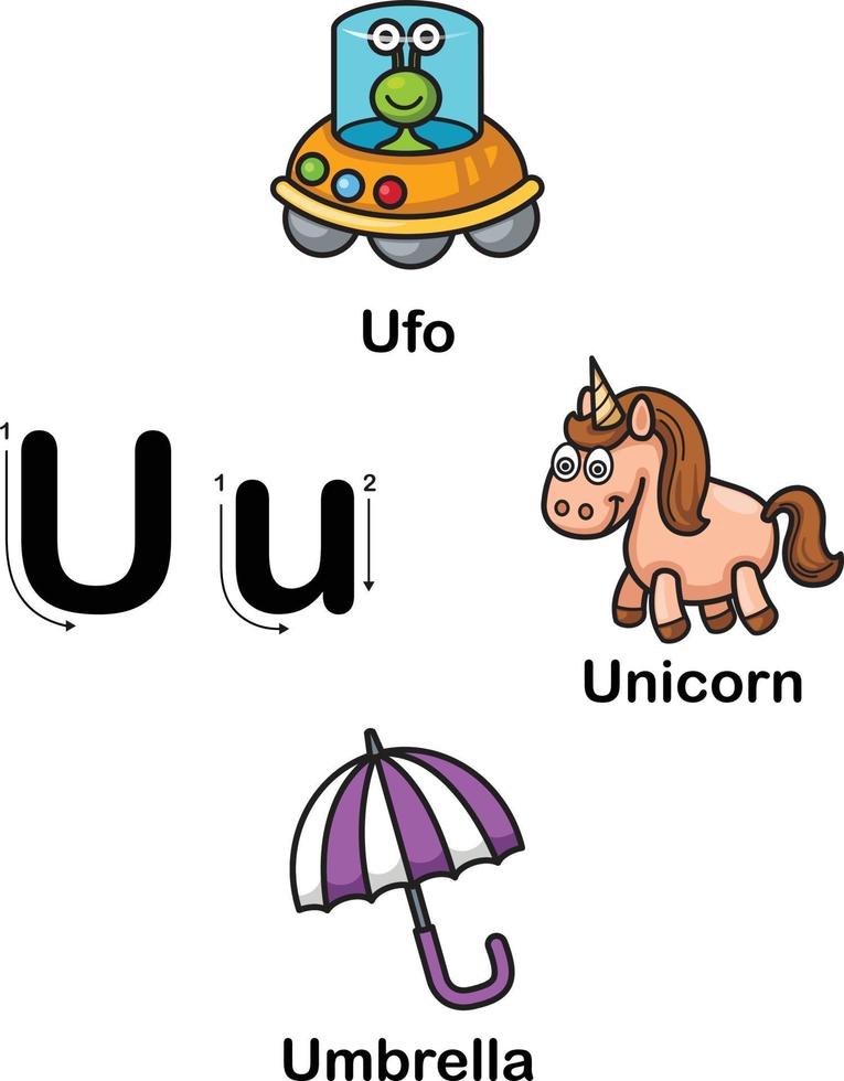 letra do alfabeto u-ufo, unicórnio, ilustração vetorial de guarda-chuva vetor