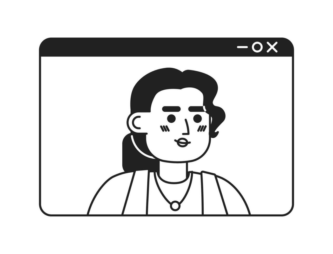 vídeo ligar hispânico adulto mulher Preto e branco 2d desenho animado personagem. webinar tela empreendedor fêmea latina isolado vetor esboço pessoa. Videoconferência monocromático plano local ilustração