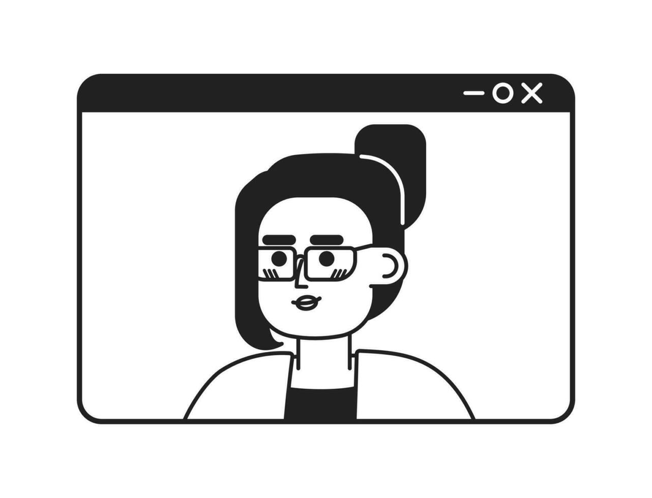 vídeo ligar meio Oriental mulher Óculos Preto e branco 2d desenho animado personagem. webinar tela árabe fêmea isolado vetor esboço pessoa. milenar trabalhador monocromático plano local ilustração