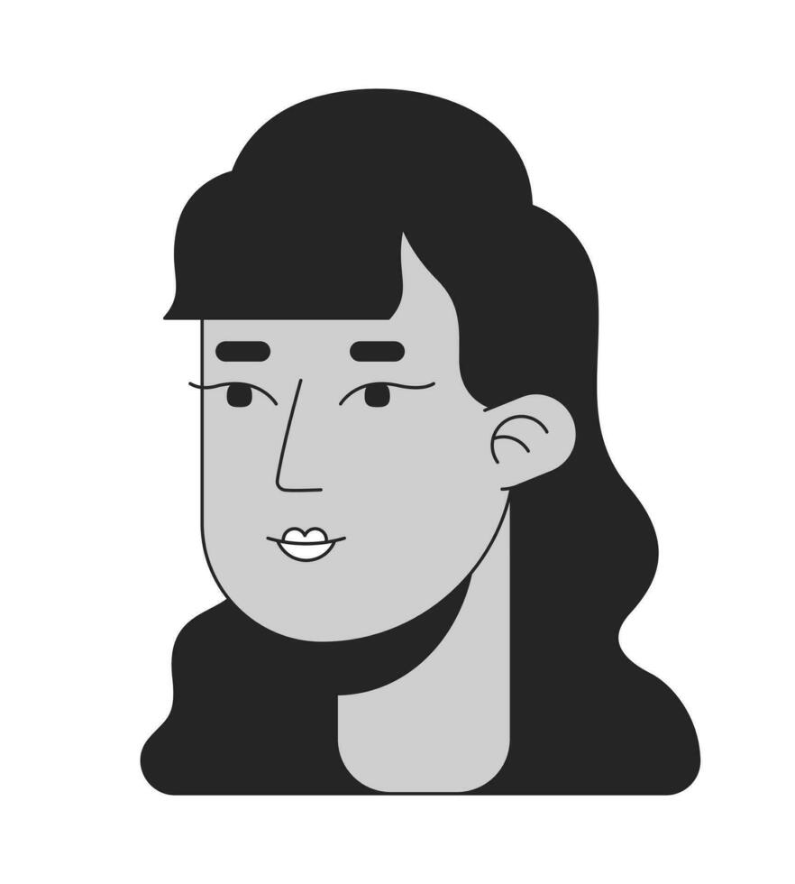 casual indiano senhora com encaracolado cabelo Preto e branco 2d linha desenho animado personagem cabeça. sul ásia adulto mulher ondulado Penteado isolado vetor esboço pessoa face. monocromático plano local ilustração