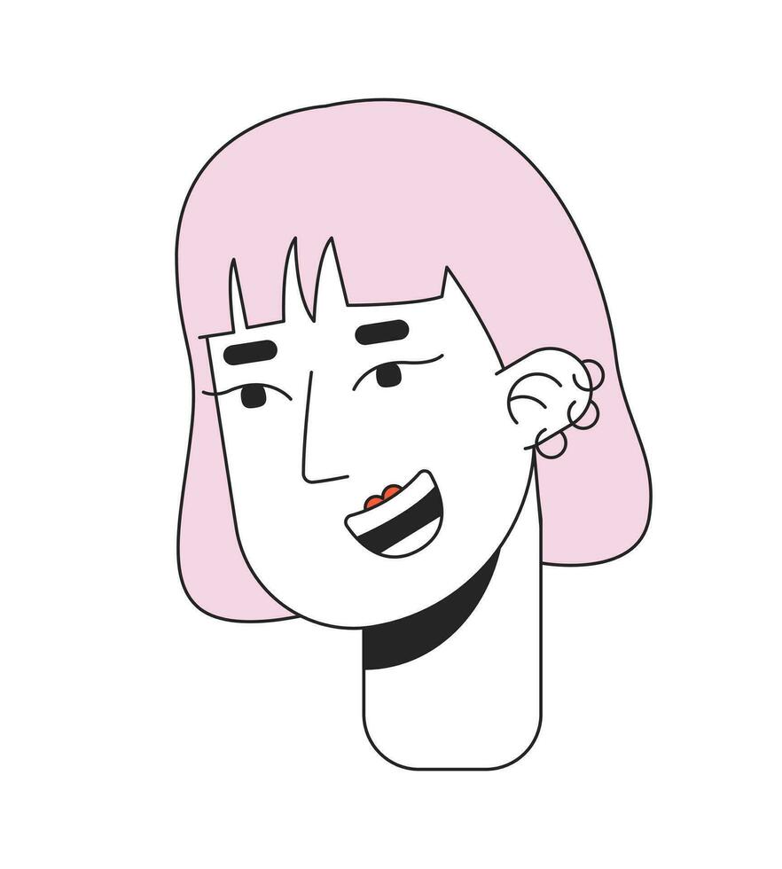 Rosa cabelos coreano kpop menina 2d linear desenho animado personagem cabeça. orelha piercings ásia fêmea isolado linha vetor pessoa face branco fundo. prumo corte de cabelo com franja cor plano local ilustração