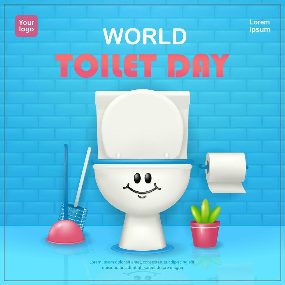 mundo banheiro dia, banheiros sorrir às banheiro higiene conhecimento. 3d vetores adequado para Educação, higiene e eventos