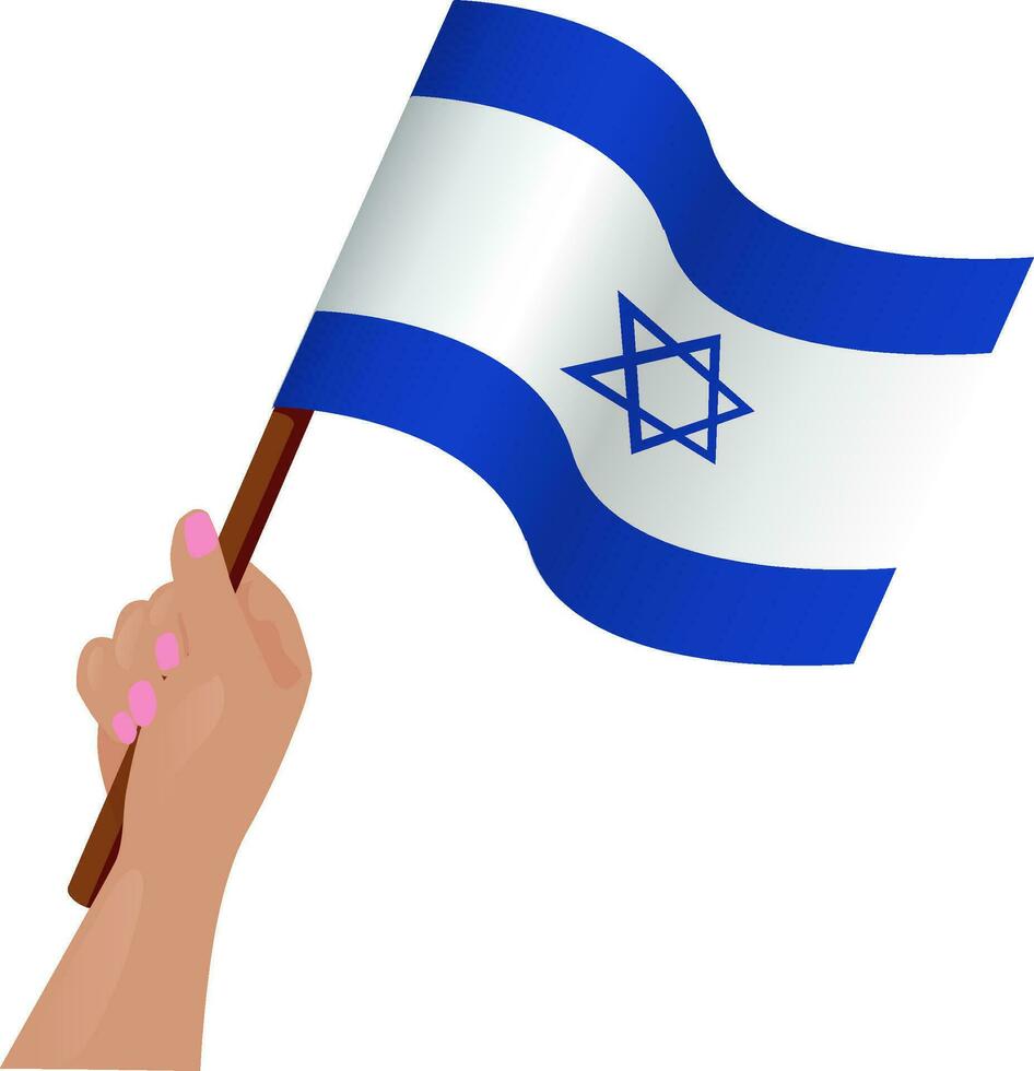 mão segurando e levantando a nacional bandeira do Israel. vetor ilustração.