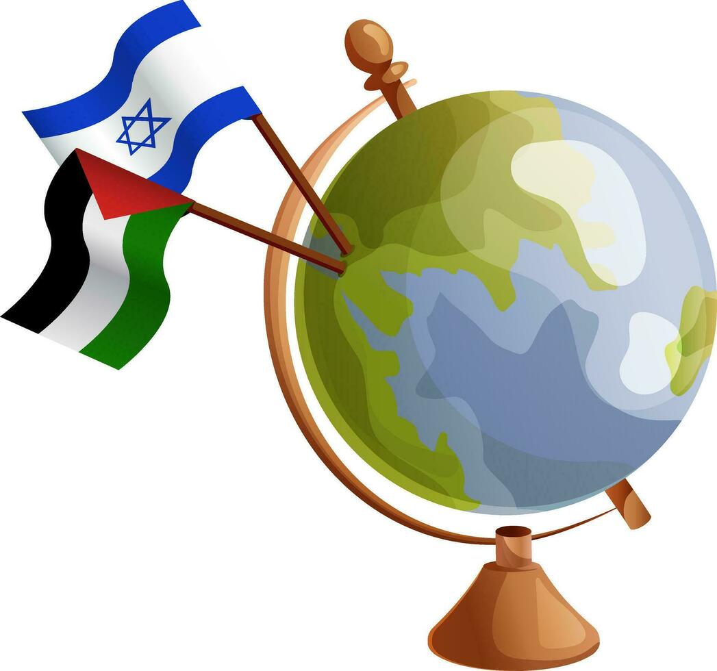 unidade conceito. Israel e Palestina bandeiras pólo em globo. Pare guerra conceito. Palestina e Israel guerra. vetor ilustração isolado em branco fundo