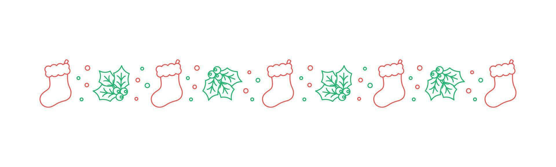 Natal temático decorativo fronteira e texto divisor, Natal meia e visco padronizar linha arte doodle. vetor ilustração.