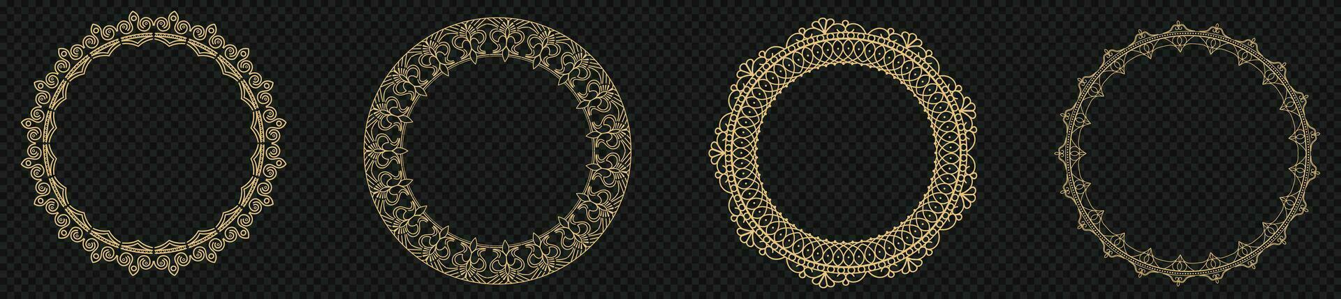 decorativo dourado círculos quadro. arredondado argolas com ornamentado enfeite dentro oriental e árabe estilo Antiguidade discos com estampado vetor ornamento.