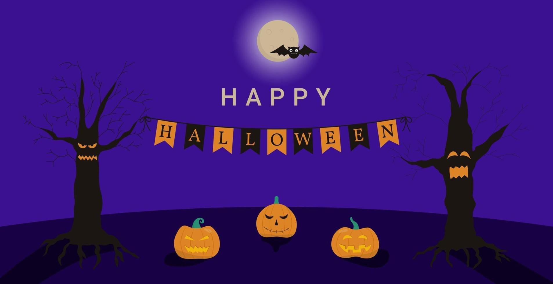 cartão feliz dia das bruxas com abóboras, árvores assustadoras, lua e morcego vetor