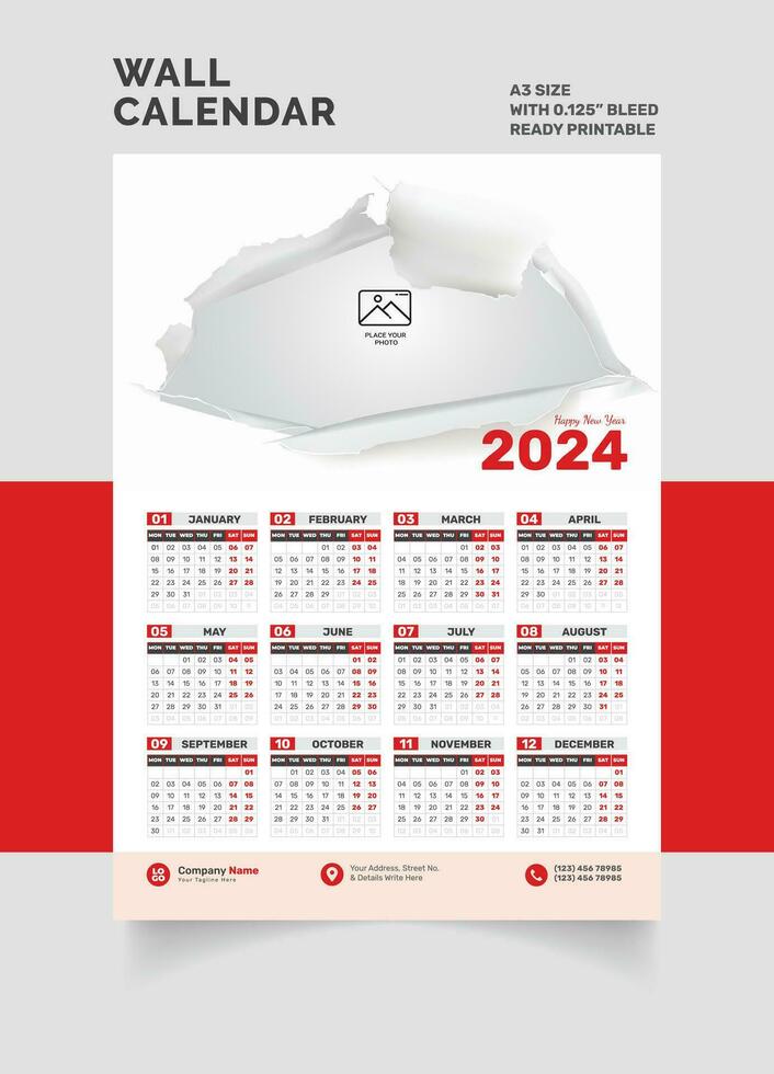 2024 parede calendário solteiro página calendário 1 página calendário vetor