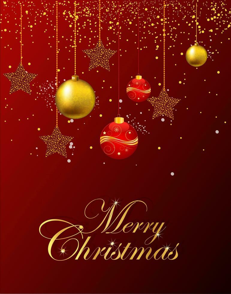 alegre Natal dentro vermelho fundo com ouro bolas estrelas e brilhos vetor