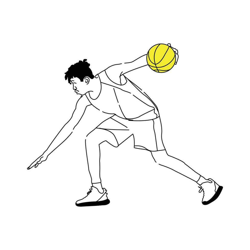 jovem Garoto basquetebol jogador, linha arte ilustração vetor. vetor