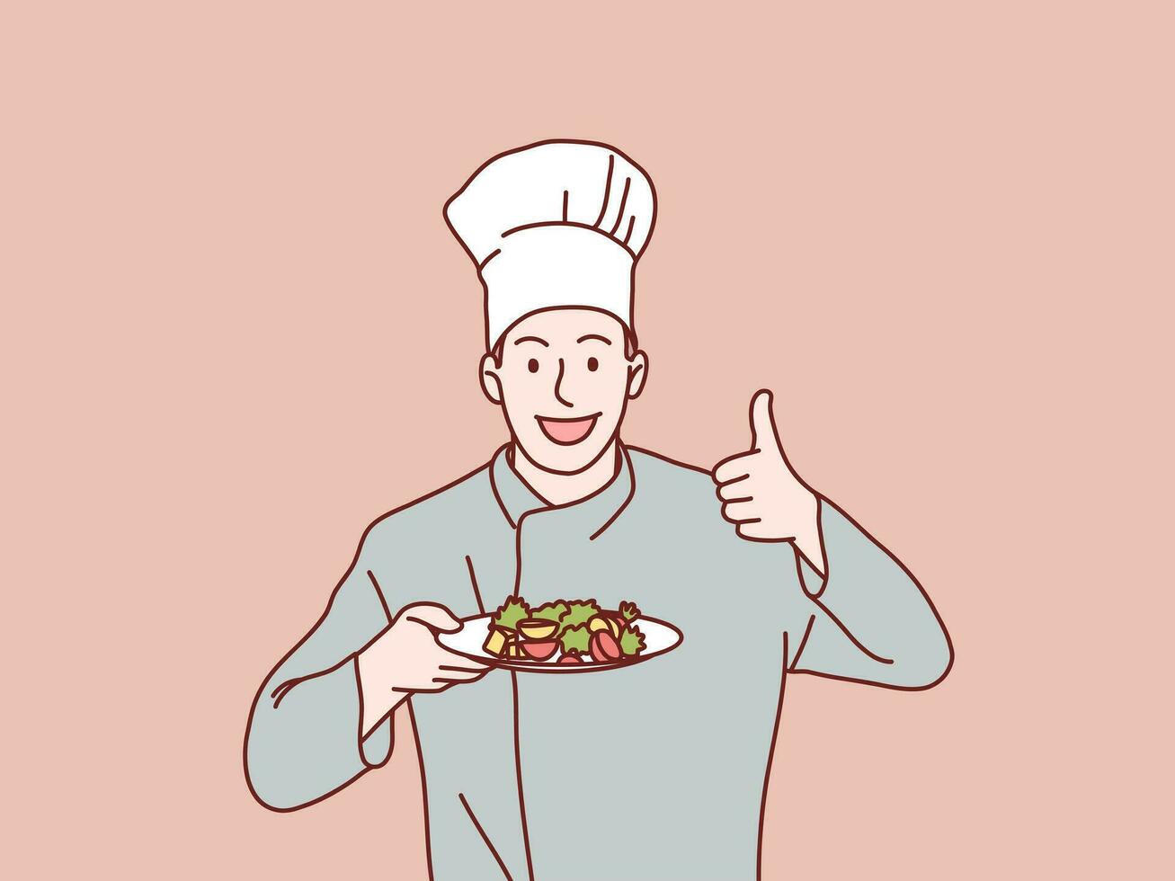 chefe de cozinha servindo Comida feliz cozinhar homem segurando prato mostrar uma polegares acima simples coreano estilo ilustração vetor