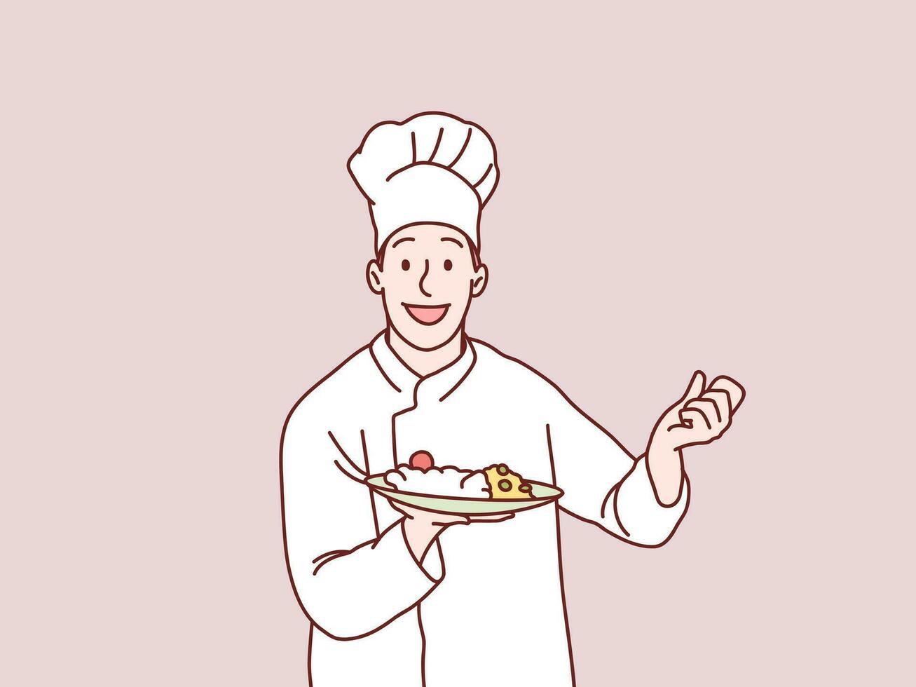 alegre saiu chefe de cozinha servindo Comida feliz cozinhar homem segurando prato simples coreano estilo ilustração vetor