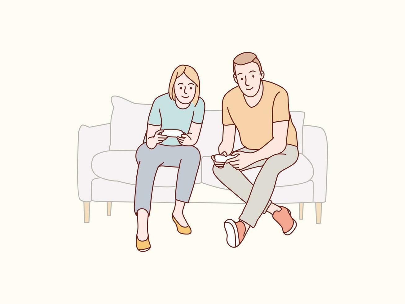 casal feliz jogando jogos com controle de video game em sofá simples coreano estilo ilustração vetor