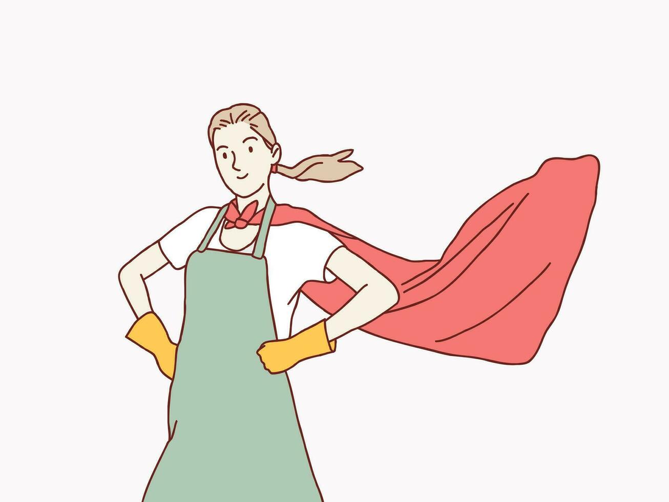 Forte mãe herói pronto para tarefas domésticas dona de casa simples coreano estilo ilustração vetor