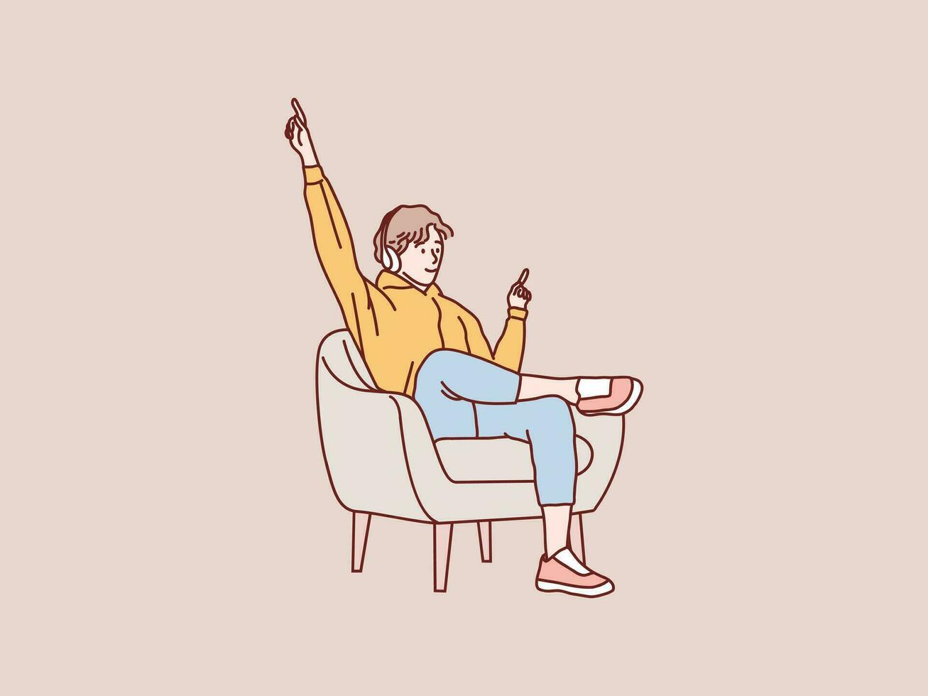 alegre cara sentado em cadeira ouvindo para música dentro fones de ouvido simples coreano estilo ilustração vetor