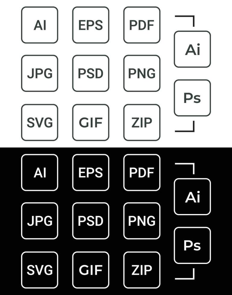 Preto e branco popular linha documento Arquivo formato ícones definir. multi tipo simples plano Projeto vetor pictograma para aplicativo Publicidades rede local na rede Internet botão ui ux interface elementos isolado