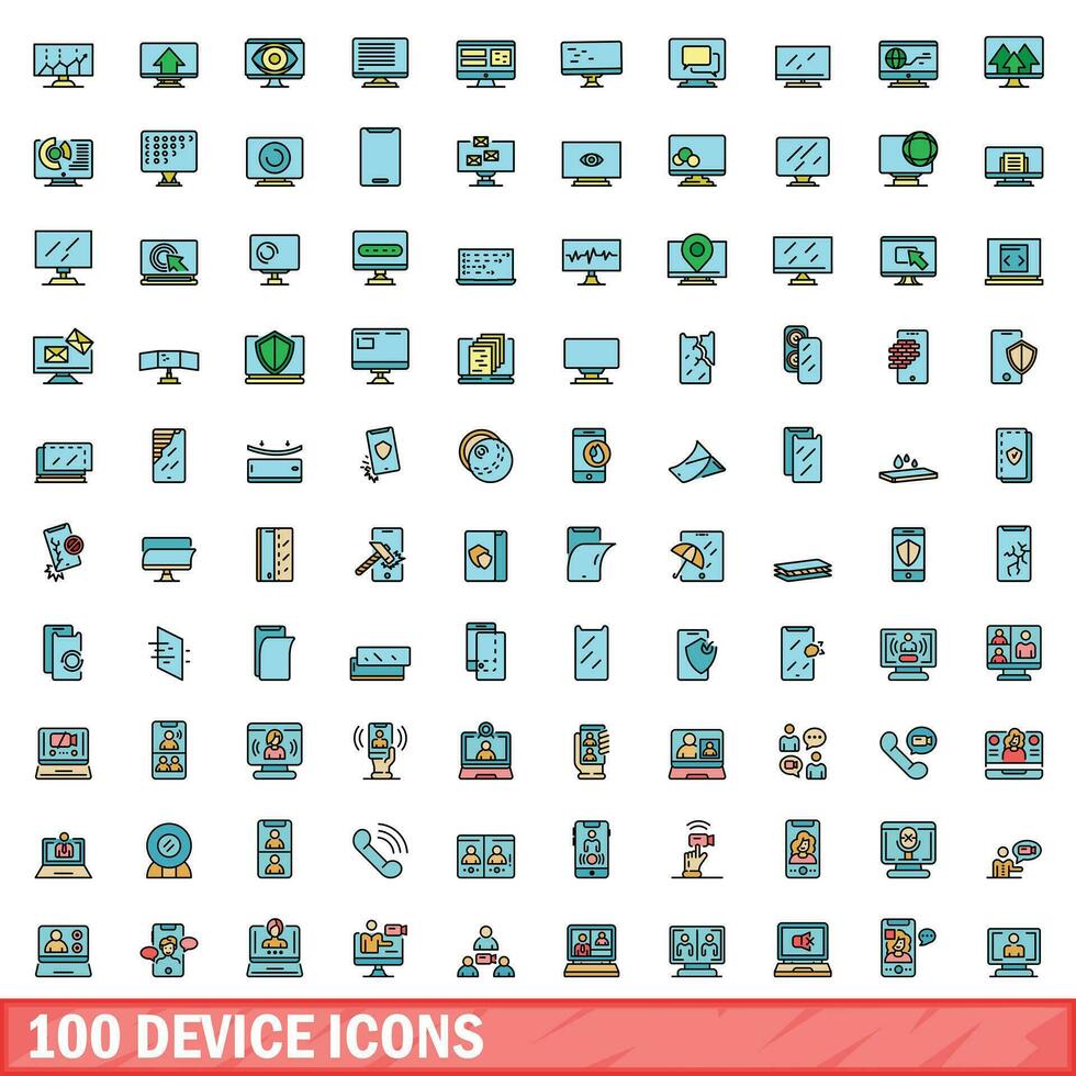 100 dispositivo ícones definir, cor linha estilo vetor