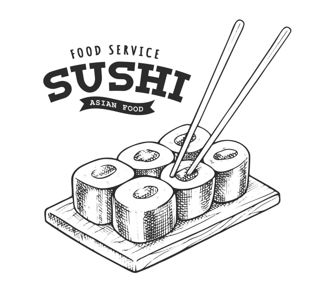 sushi retrô emblema preto e branco vetor