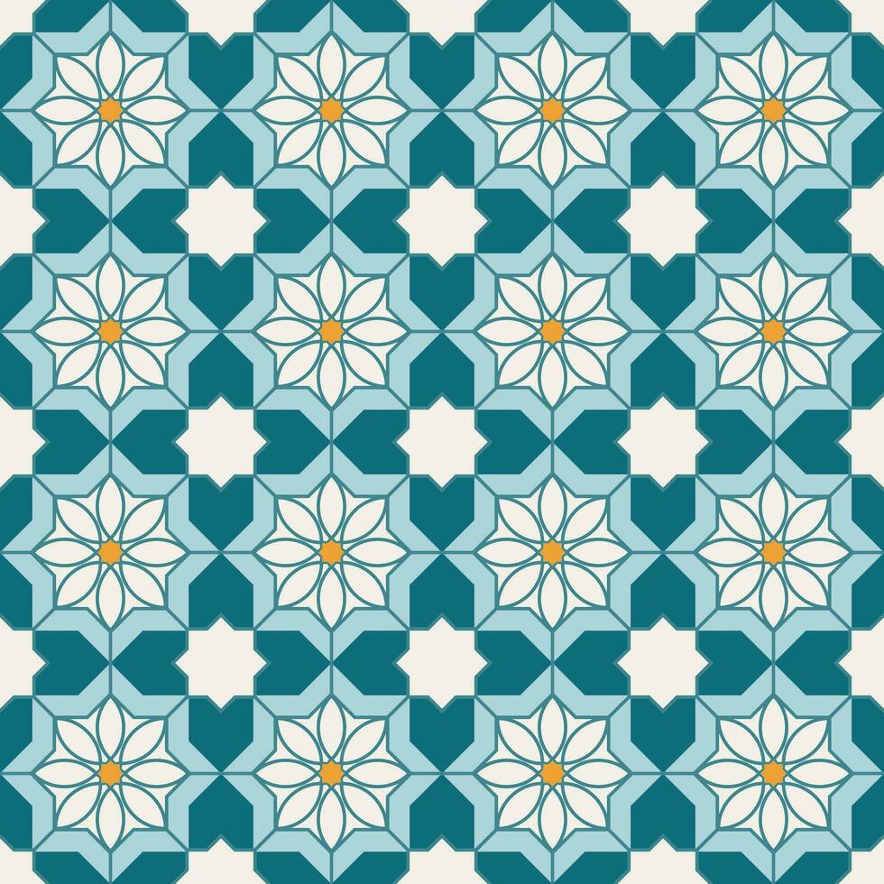 árabe geométrico mosaico imprimível desatado padronizar com abstrato marroquino impressão dentro azul e laranja cores. Ramadã kareem tradicional islâmico arte ilustração fundo vetor