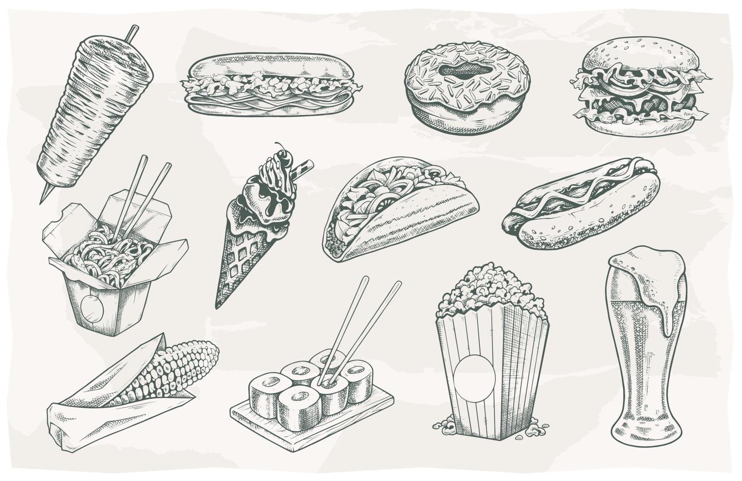 conjunto de ícones vintage de comida de rua vetor