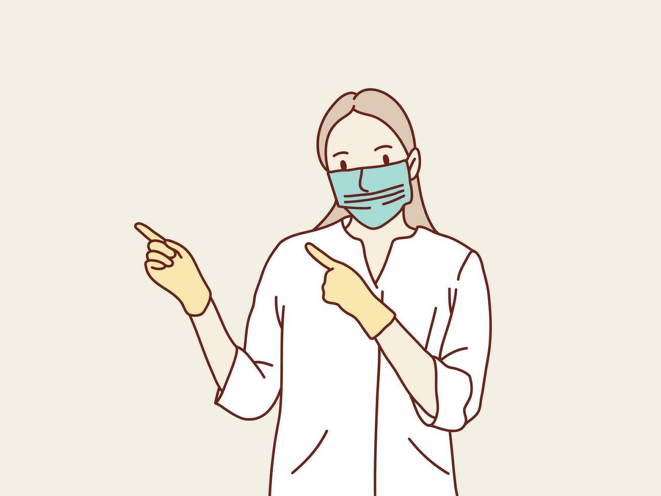 fêmea enfermeira dentro uma borracha luvas e mascarar pontos para a lado com dele mãos simples coreano estilo ilustração vetor