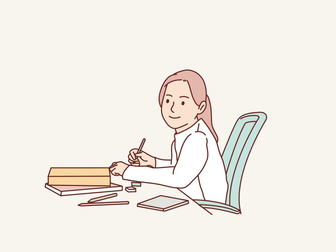 pequeno menina estudando dever de casa em escrivaninha às casa simples coreano estilo ilustração vetor