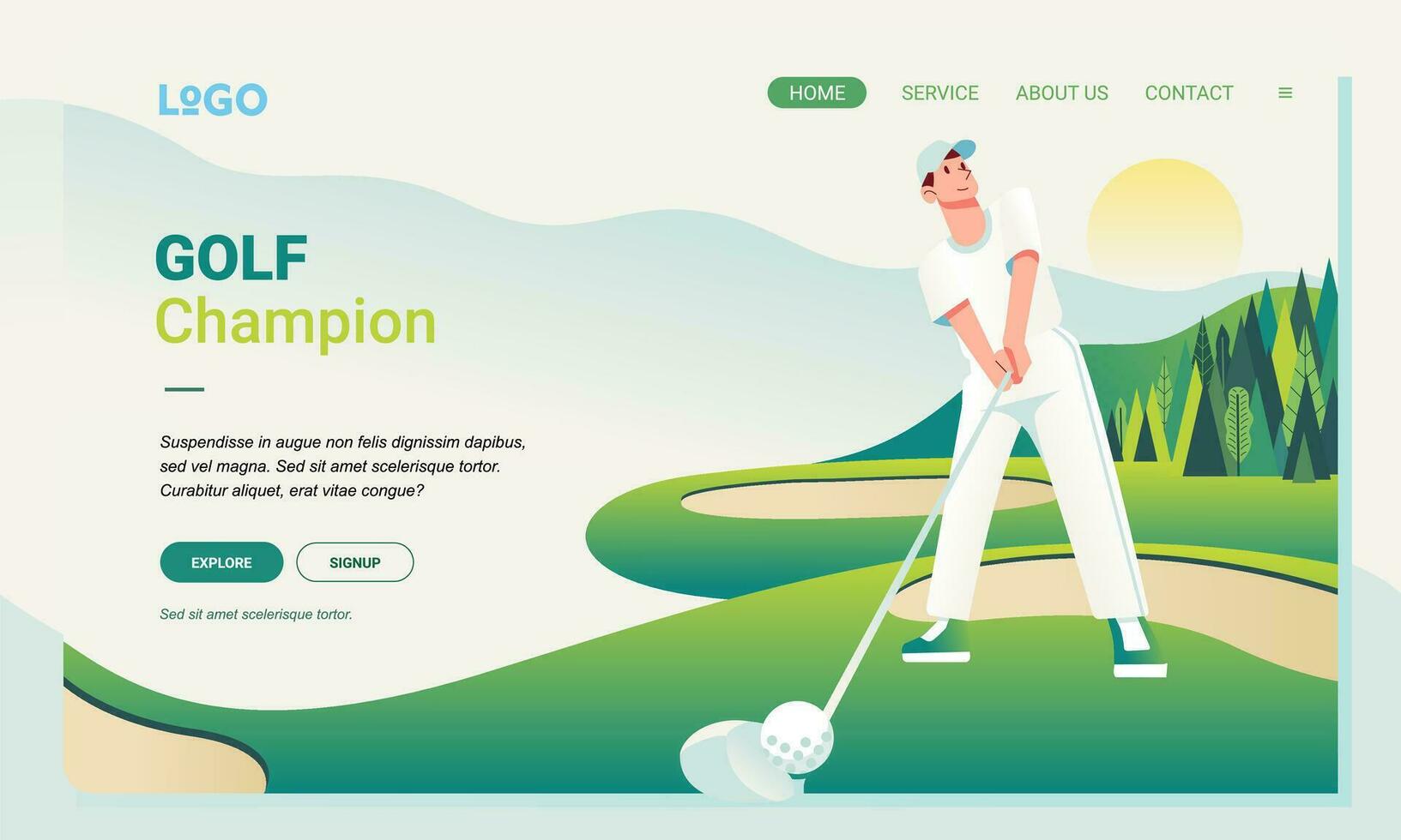 golfe bandeira ilustração, uma homem jogando golfe dentro a golfe curso com árvores atrás ele vetor ilustração