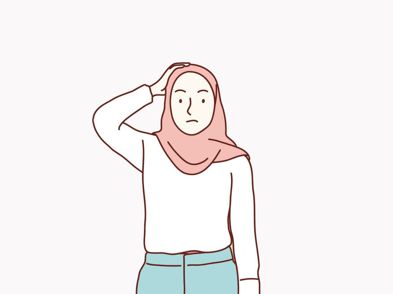confuso ásia muçulmano mulher coçar dele cabeça simples coreano estilo ilustração vetor