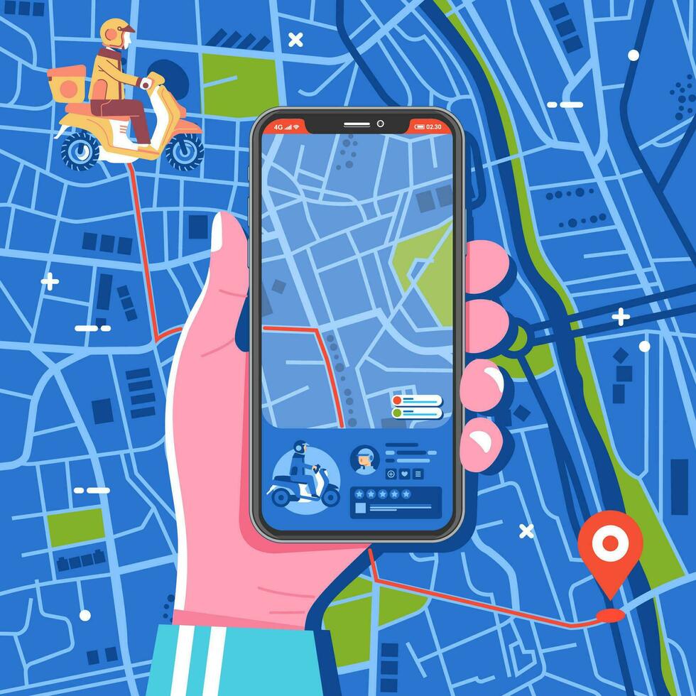 ilustração do transporte aplicativo dentro Smartphone com mapa aptidão para conhecer Onde a motorista vetor