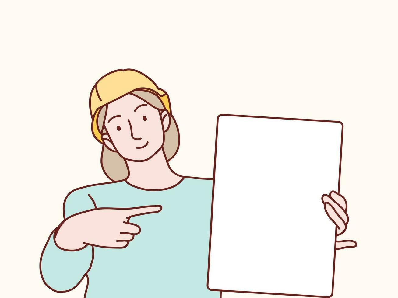 mulher construção trabalhador segurando apontando lift acima branco em branco bandeira papel simples coreano estilo ilustração vetor