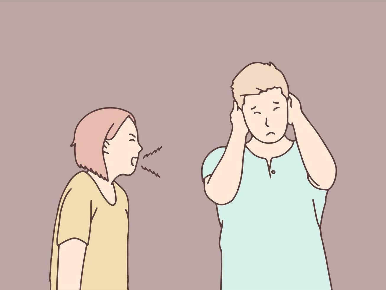 casal louco Bravo debate rabugento brigando mulher gritando homem cobertura orelhas simples coreano estilo ilustração vetor