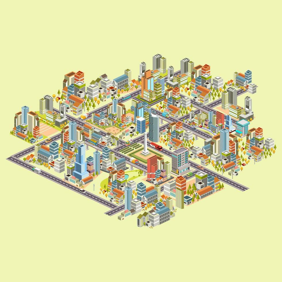 conjunto do isométrico 3d paisagem urbana com edifícios, rua, casas e areia muitos mais. 3d Projeto ilustração vetor