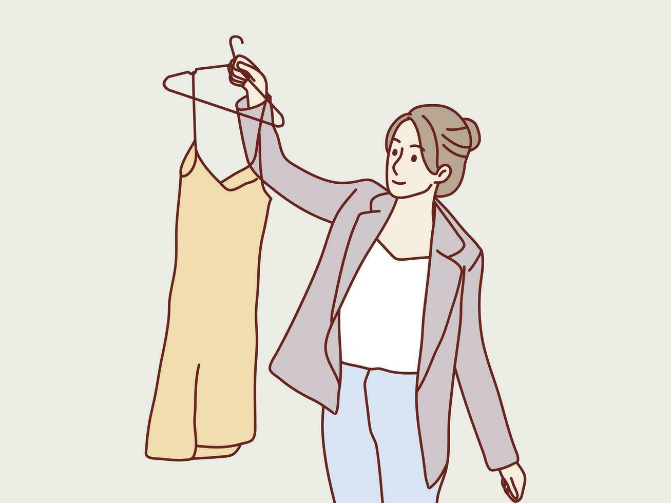 mulher decidir escolher dela moda equipamento depois de a compras simples coreano estilo ilustração vetor
