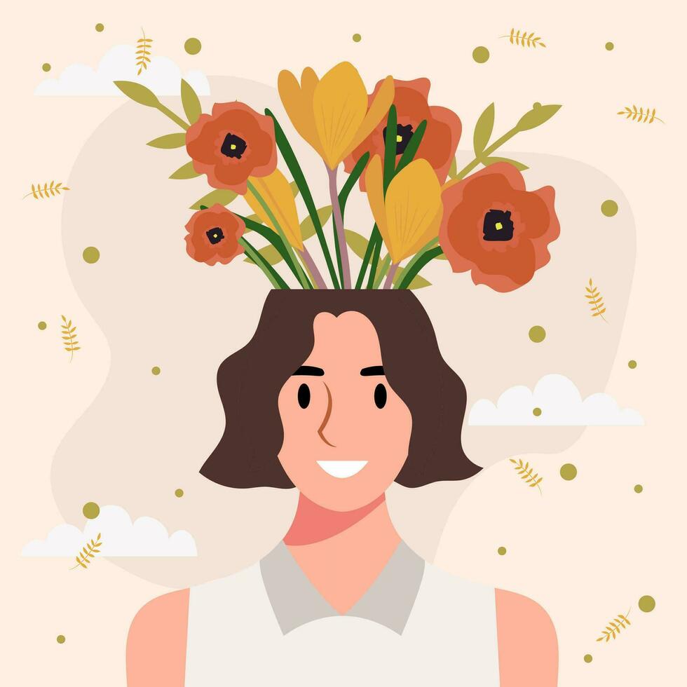 plano Projeto vetor ilustração conceito do mulher com flores dentro dela cabeça.