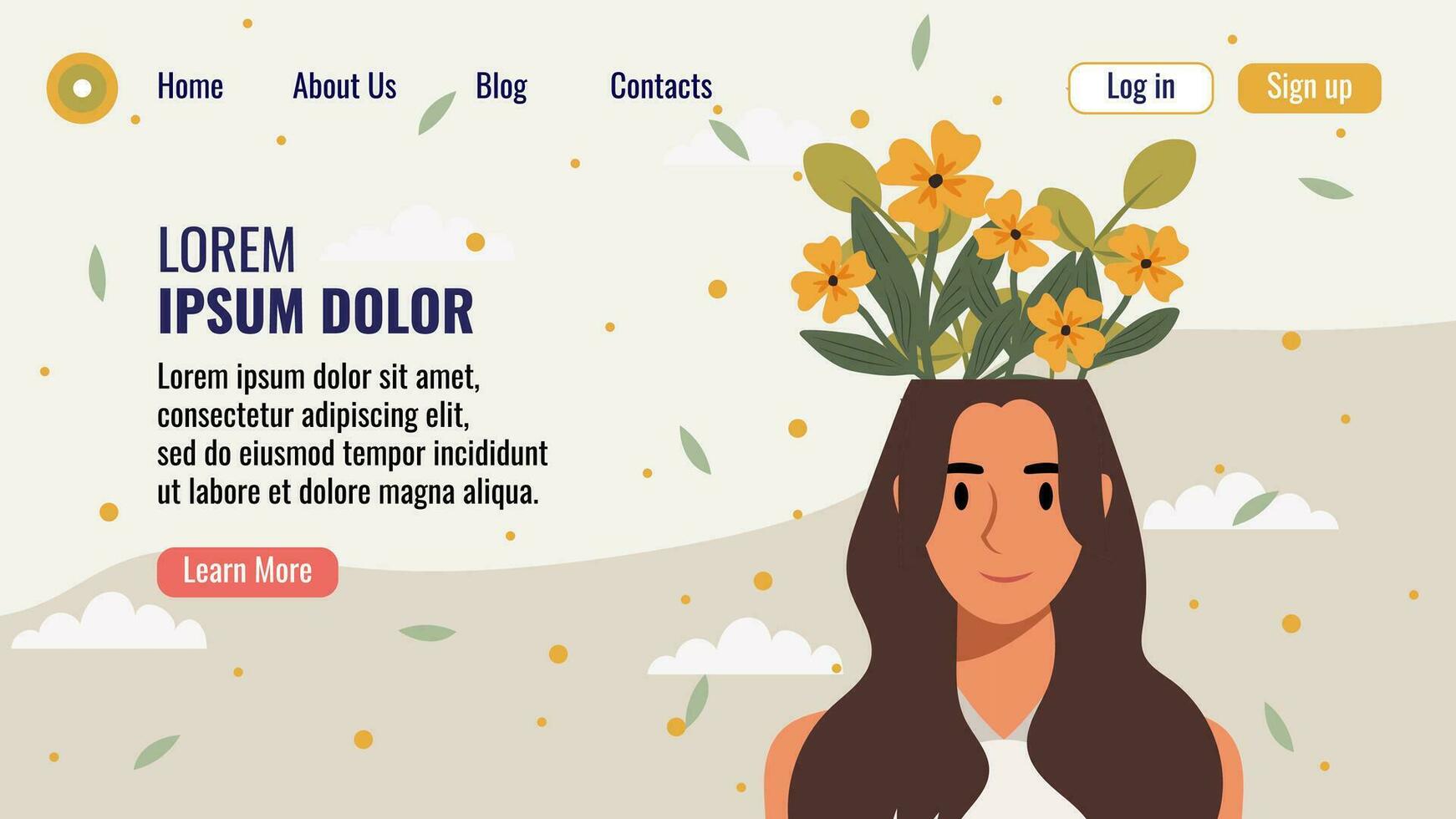 plano Projeto local na rede Internet aterrissagem página modelo com uma retrato do uma mulher com uma ramalhete do flores mental saúde conceito. vetor ilustração.