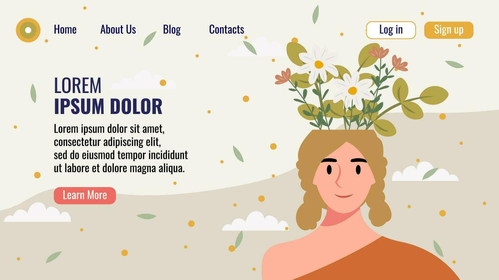 plano Projeto local na rede Internet aterrissagem página modelo com uma retrato do uma mulher com uma ramalhete do flores mental saúde conceito. vetor ilustração.