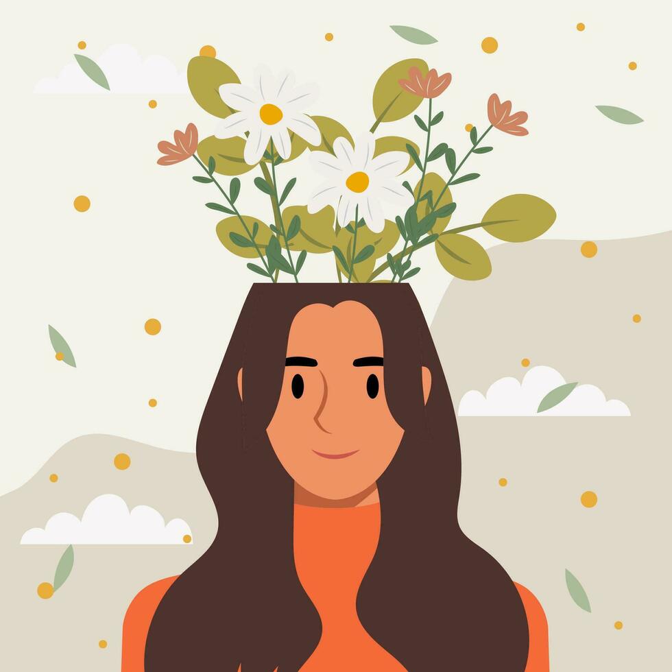 plano Projeto vetor ilustração conceito do mulher com flores dentro dela cabeça.