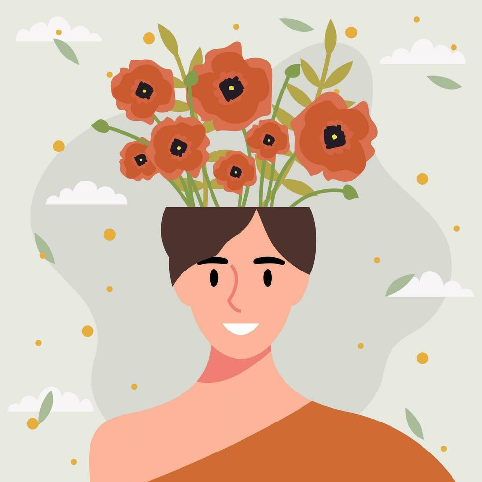 plano Projeto vetor ilustração conceito do mulher com flores dentro dela cabeça.