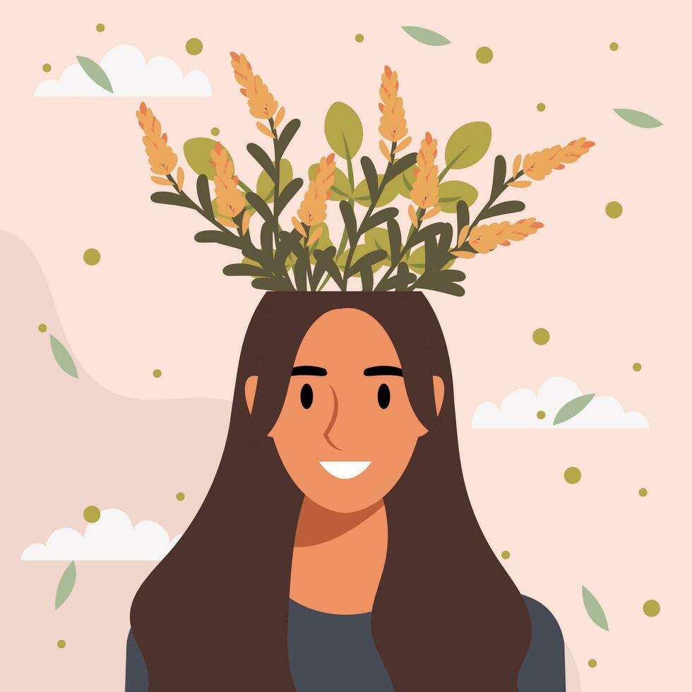 plano Projeto vetor ilustração conceito do mulher com flores dentro dela cabeça.