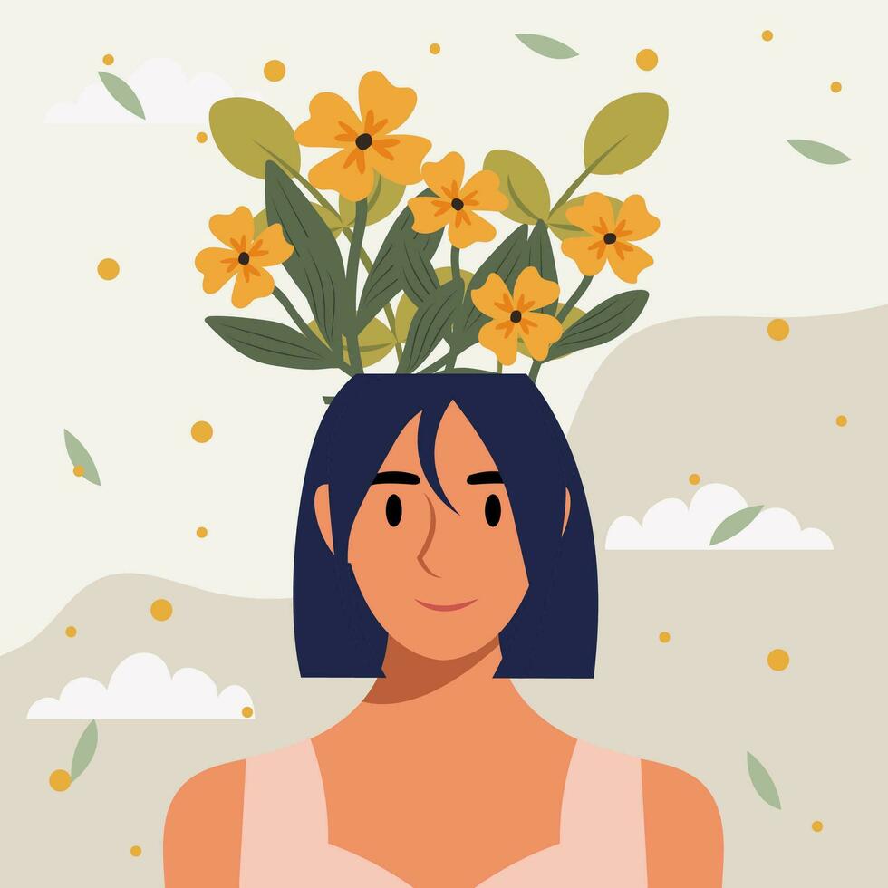 plano Projeto vetor ilustração conceito do mulher com flores dentro dela cabeça.