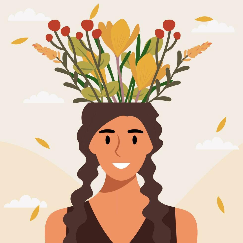 plano Projeto vetor ilustração conceito do mulher com flores dentro dela cabeça.