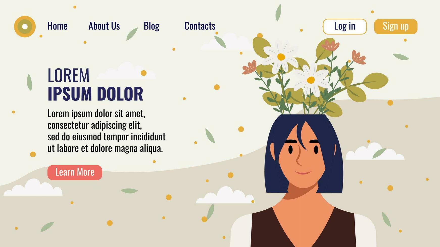 plano Projeto local na rede Internet aterrissagem página modelo com uma retrato do uma mulher com uma ramalhete do flores mental saúde conceito. vetor ilustração.