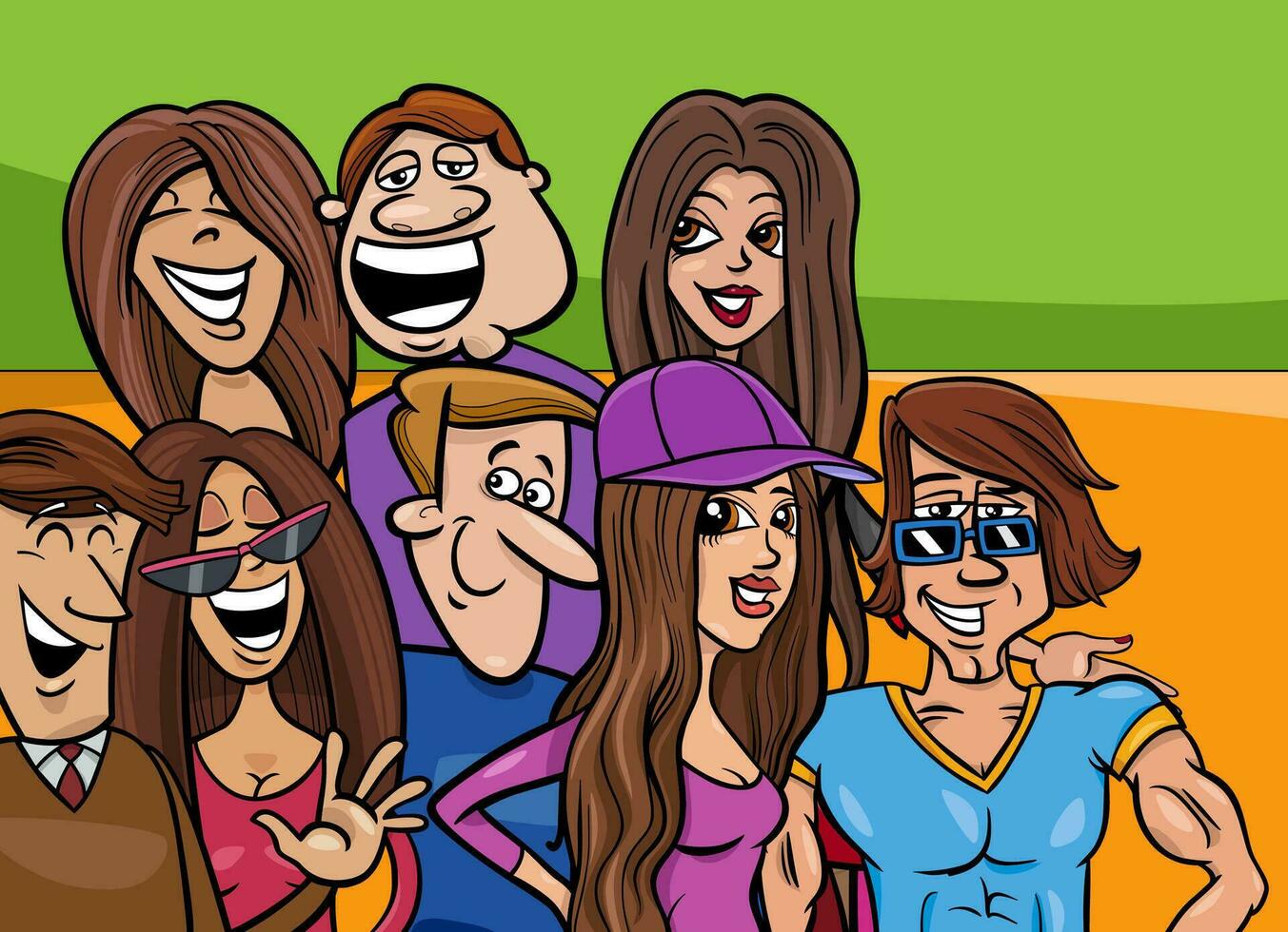 engraçado desenho animado jovem pessoas personagens grupo vetor