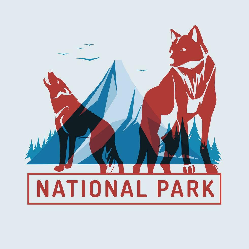 vermelho Lobos em a fundo do azul montanhas. risógrafo efeito. nacional selvagem parque. vetor plano ilustração