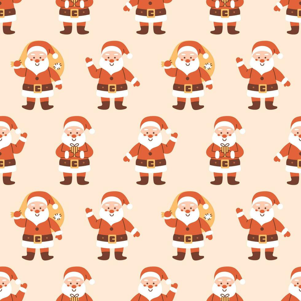 vetor desatado padronizar com fofa sorridente santa claus personagens. Natal e Novo ano fundo. engraçado desenho animado personagens dentro vermelho chapéu. invólucro Projeto com santa noel.