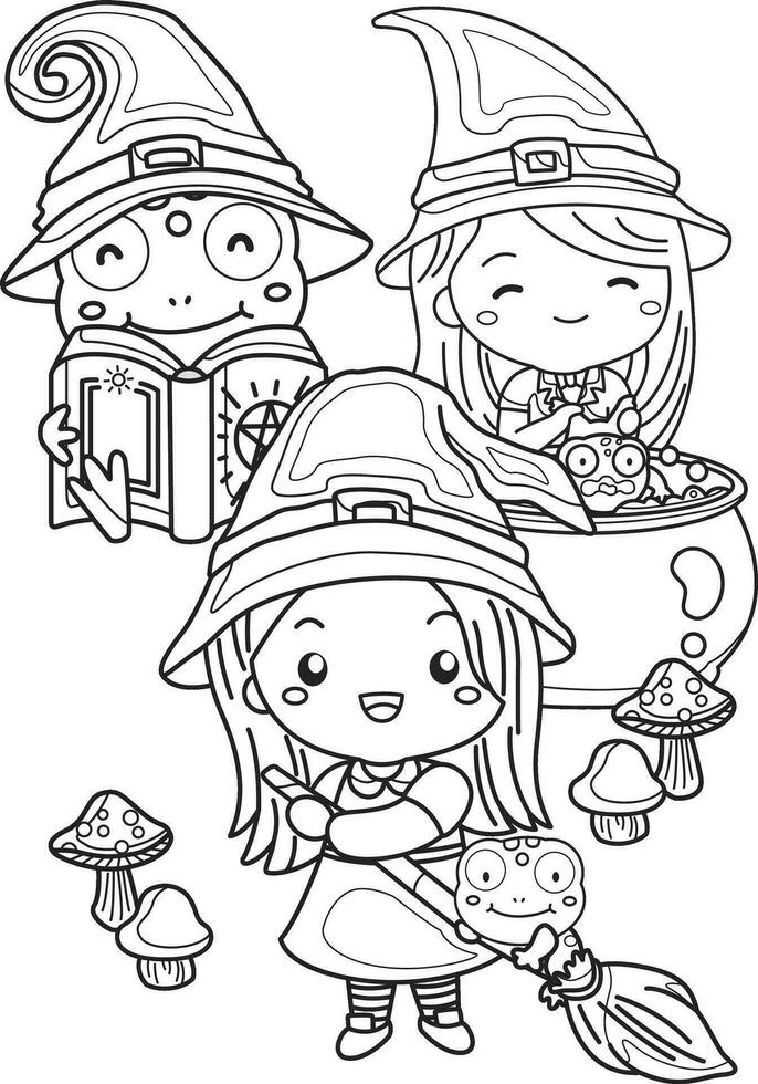 fofa bruxa dia das Bruxas crianças e rã desenho animado coloração Páginas para crianças e adulto atividade vetor