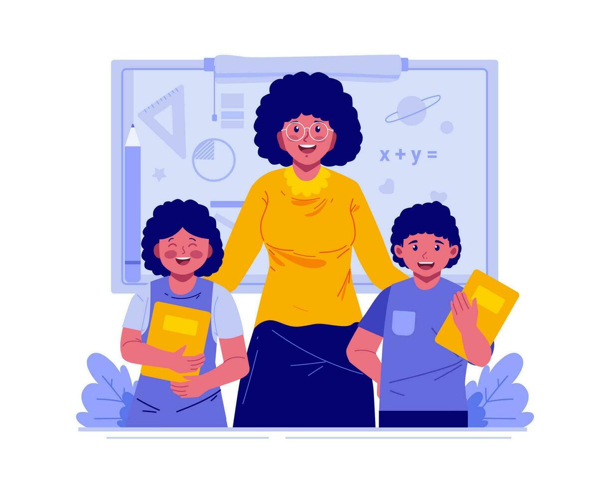 feliz professores dia. uma fêmea professor com crianças alunos. mundo professores dia celebração vetor