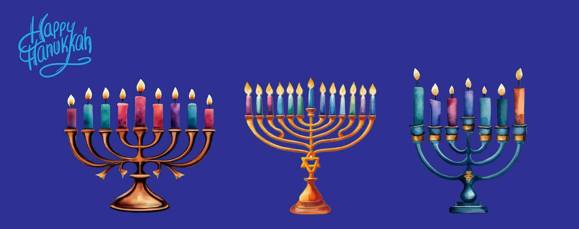 hanukkah menorah isolado. conjunto do tradicional judaico feriado símbolo. aguarela Projeto. vetor